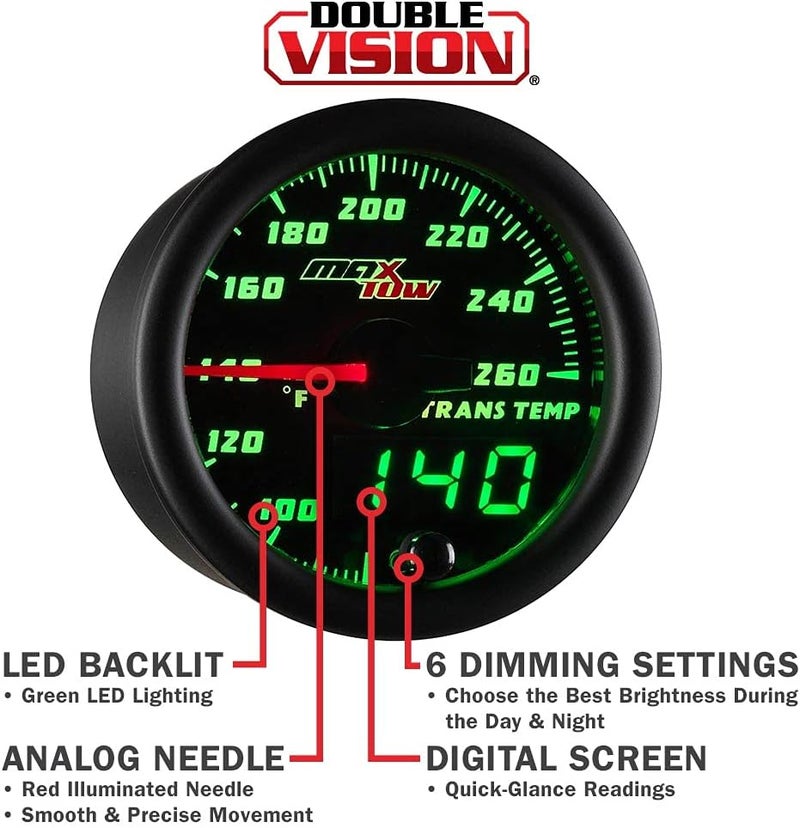 MaxTow Double Vision 260F Transmission Temperature Gauge Kit - Includes 1/8-27 NPT Electronic Sensor & Wiring - Black Dial - Green LED Lighting - Analog & Digital Readouts - for Trucks - 2-1/16" 52mm - Image 4